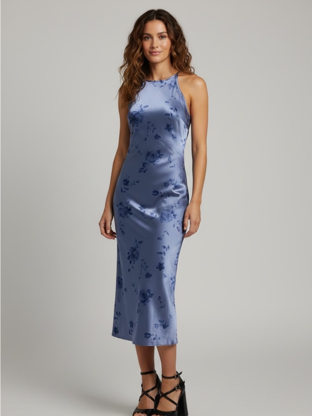 90s Blue Floral Satin Minimalist Romantic Slip Dress | Vittoria Vittoria | XS